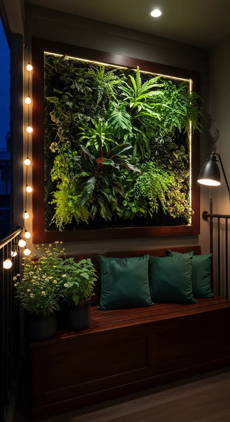 A lush vertical garden in a dark wood frame, illuminated by hidden LED strips and string lights at night.