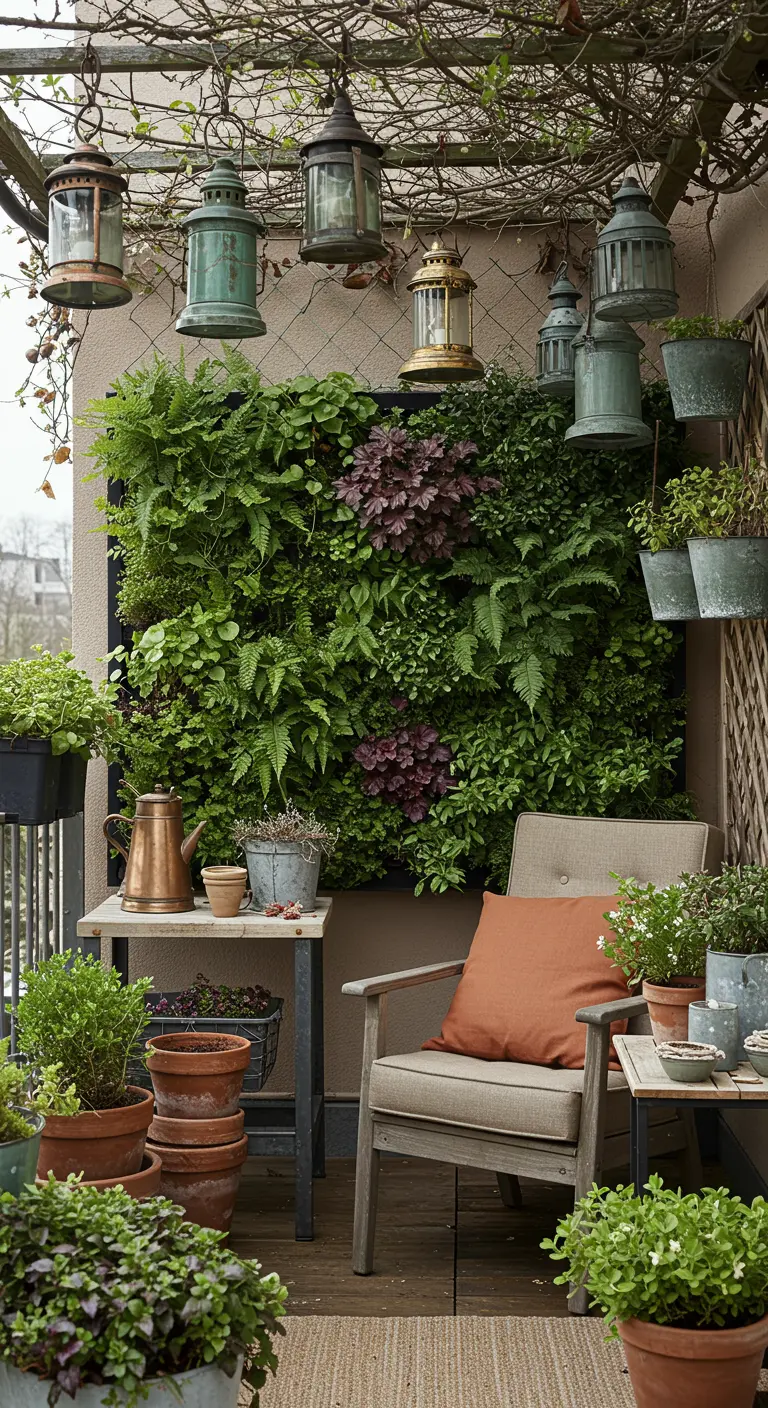 Balcony with a lush vertical garden wall, a cozy armchair, and hanging vintage lanterns.