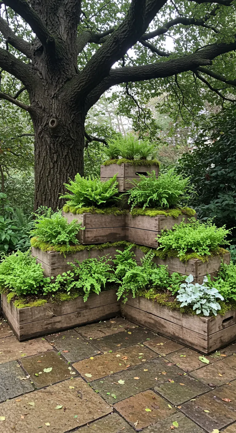A multi-tiered arrangement of rustic wooden crates filled with various ferns, under a large oak tree.
