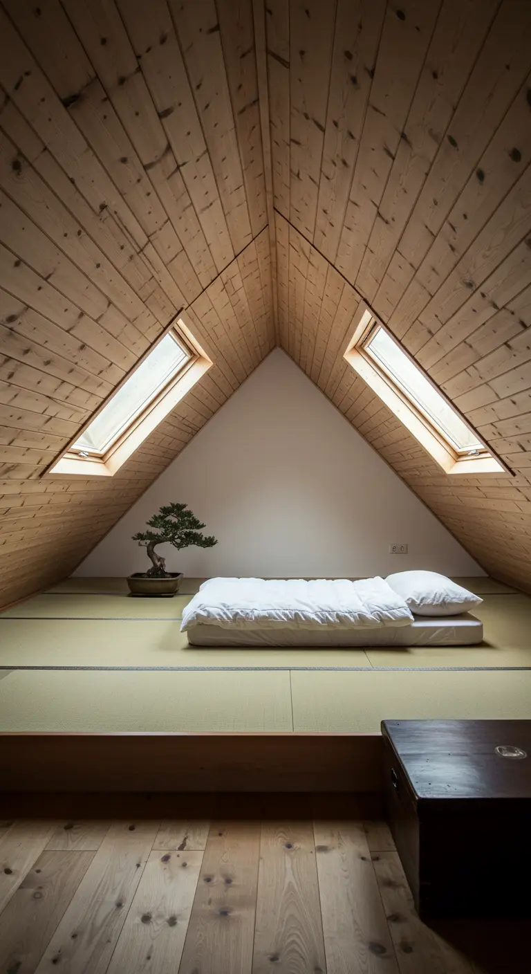 Attic bedroom with wood-paneled ceiling, tatami mats, a low bed, and a bonsai tree.