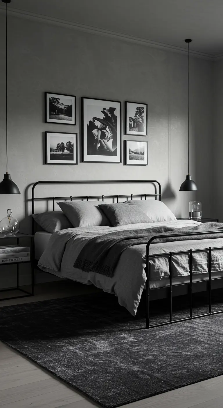 Dark gray bedroom with a black metal bed, two hanging pendant lights, and a gallery wall.