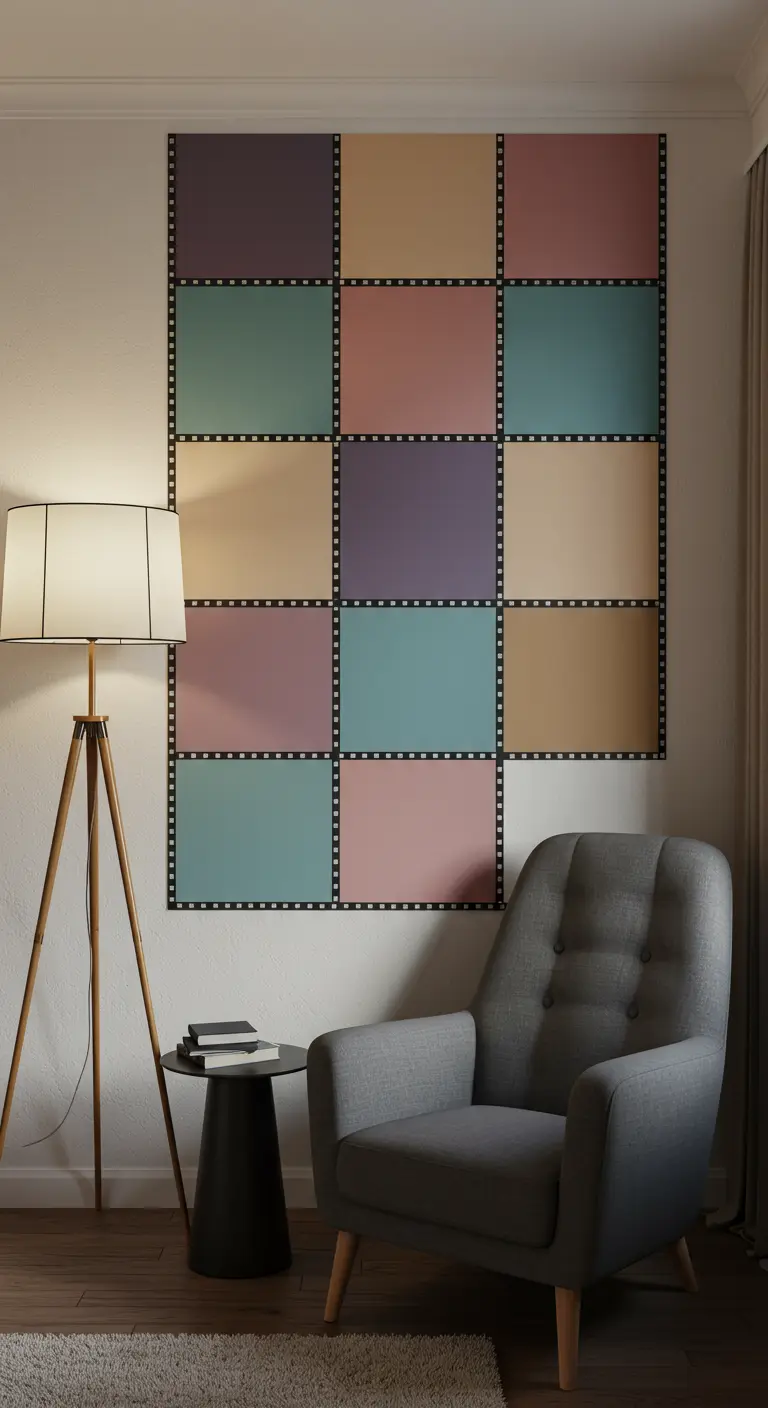 A grid of square LED light panels on a wall, framed with black tape, next to a gray armchair.