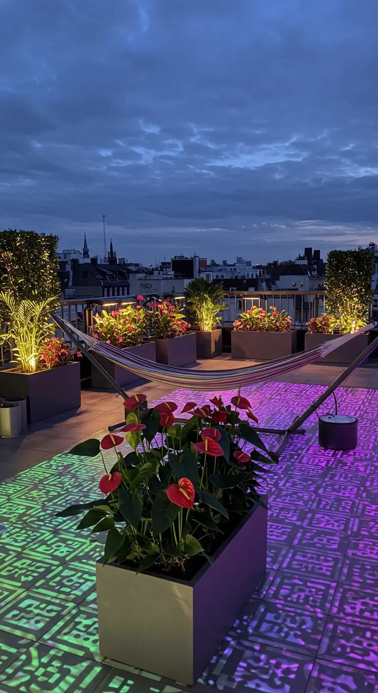 A modern terrace at night with patterns projected onto the floor and glowing planters.