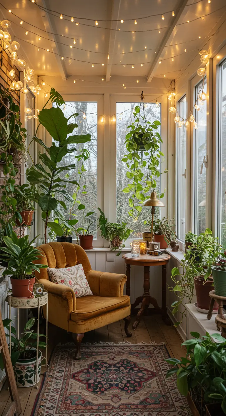 A glass-enclosed sunroom packed with houseplants and glowing with strings of fairy lights.
