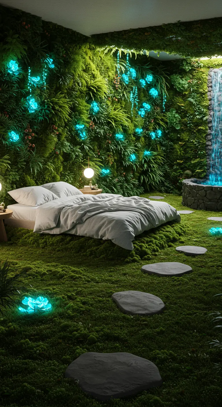 A bedroom with moss walls and floor, illuminated by glowing blue flowers and a small waterfall.