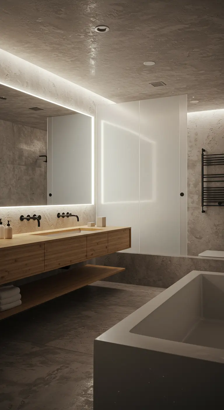 Bathroom with a floating wood vanity and a large, internally lit frosted glass shower panel.