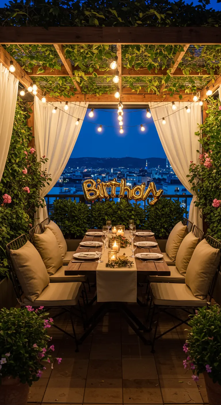 An intimate birthday dinner on a lush, plant-filled balcony with city views and string lights.