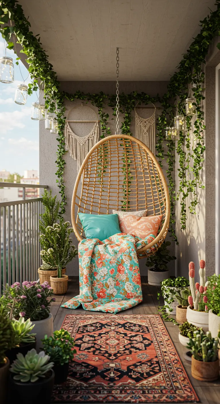 Boho balcony with a hanging rattan chair, a vibrant rug, and lush climbing plants.