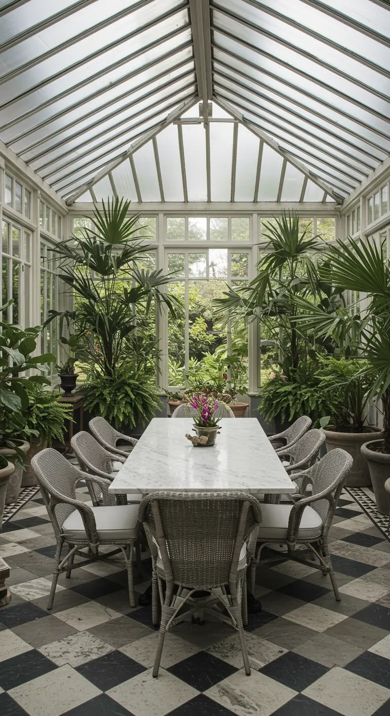 A glass conservatory filled with plants, featuring a marble table and wicker chairs.