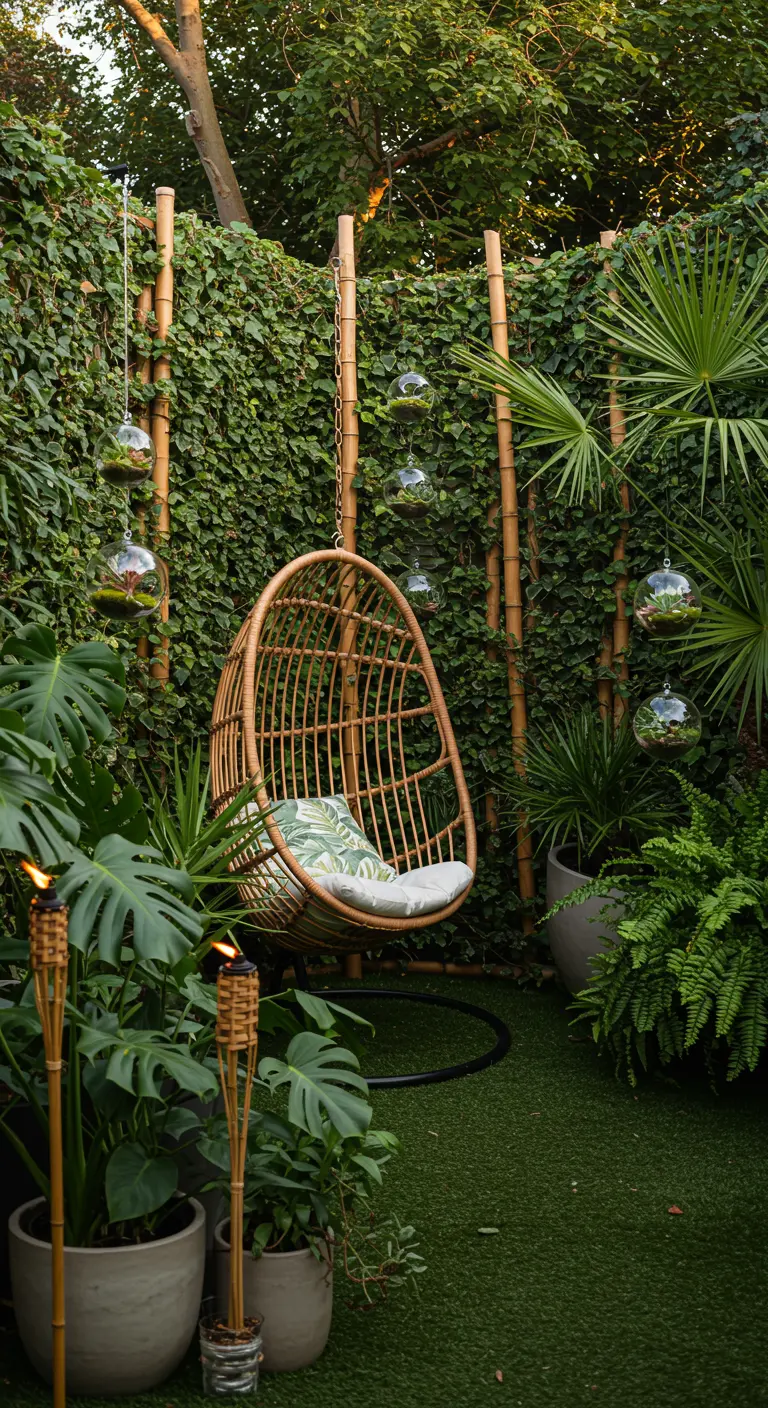 A rattan egg chair in a lush garden corner with bamboo poles and hanging terrariums.