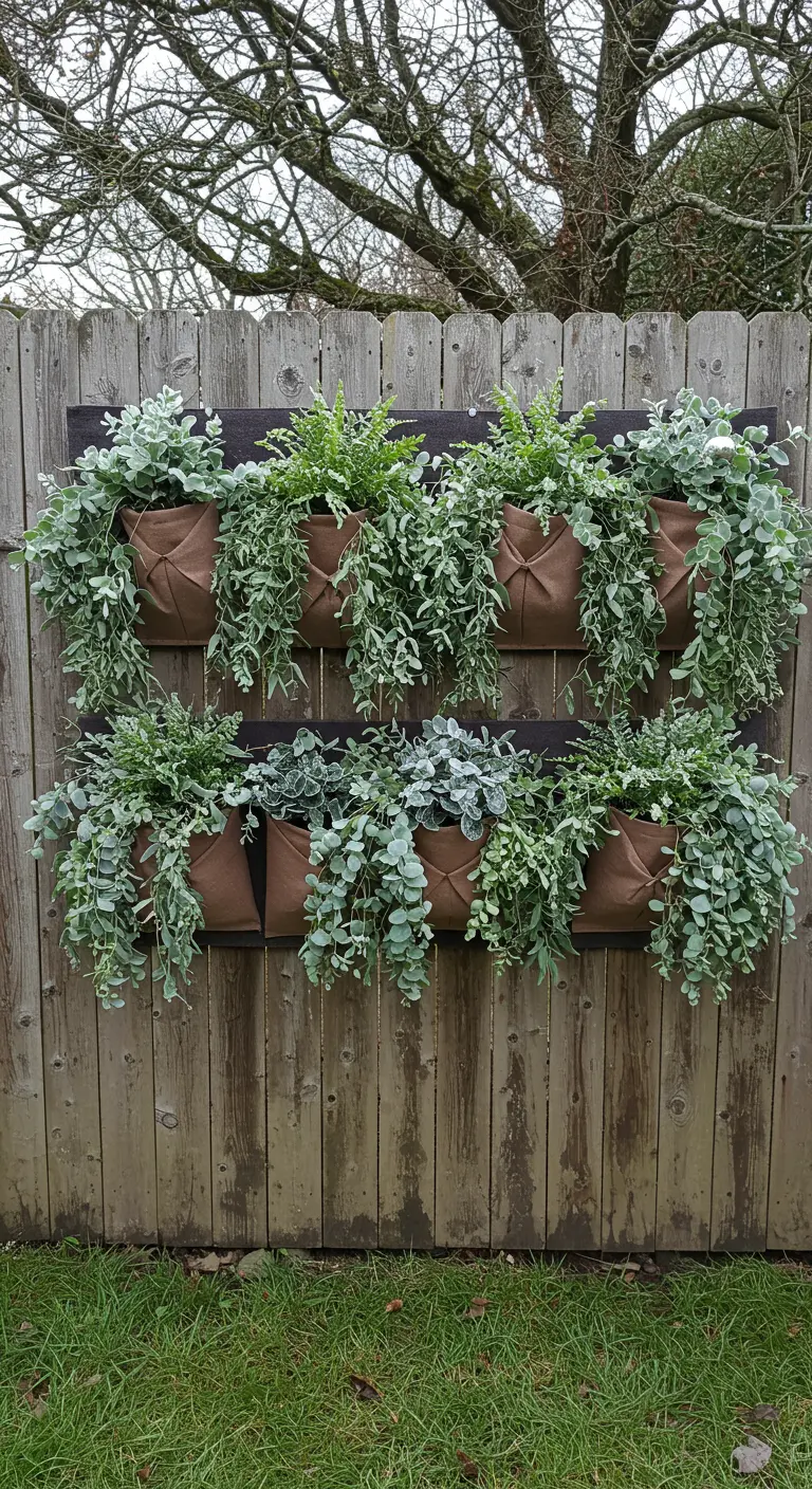 A vertical wall planter on a wooden fence filled with cascading faux ferns and eucalyptus.