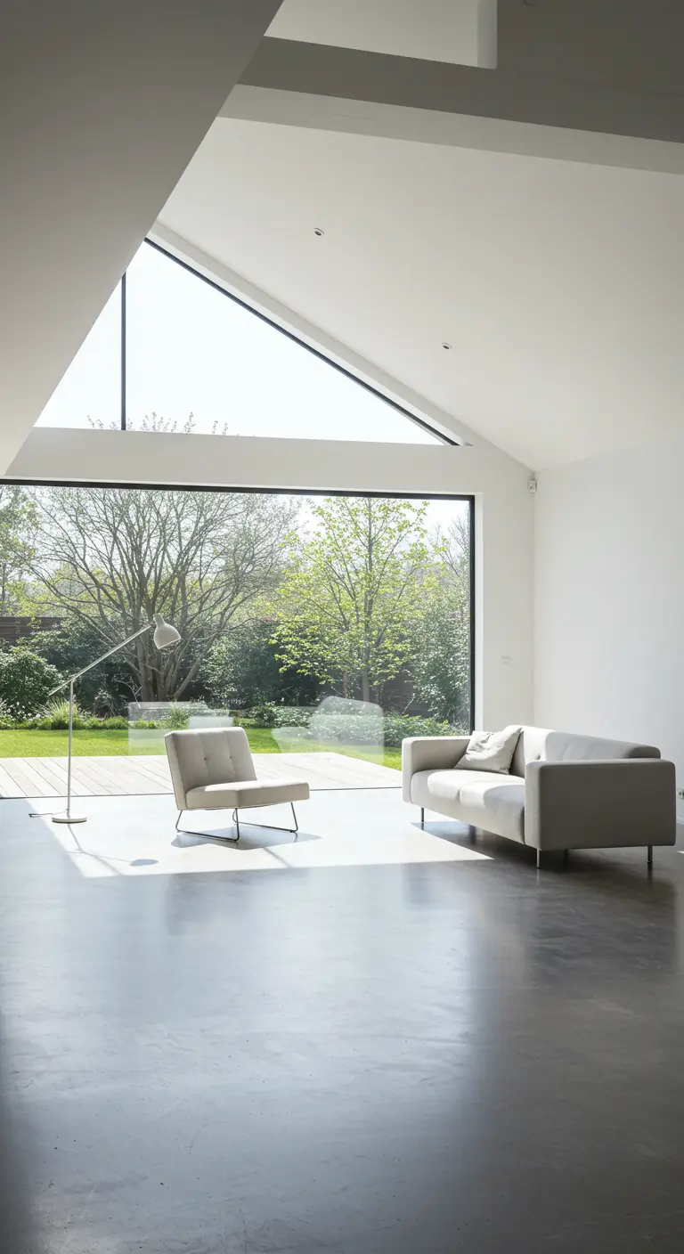 Minimalist living room with polished concrete floor, large windows, and a vaulted ceiling.