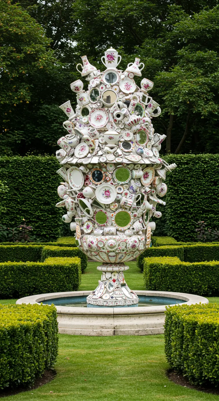 A large garden sculpture made of stacked white and floral china, plates, and teacups.