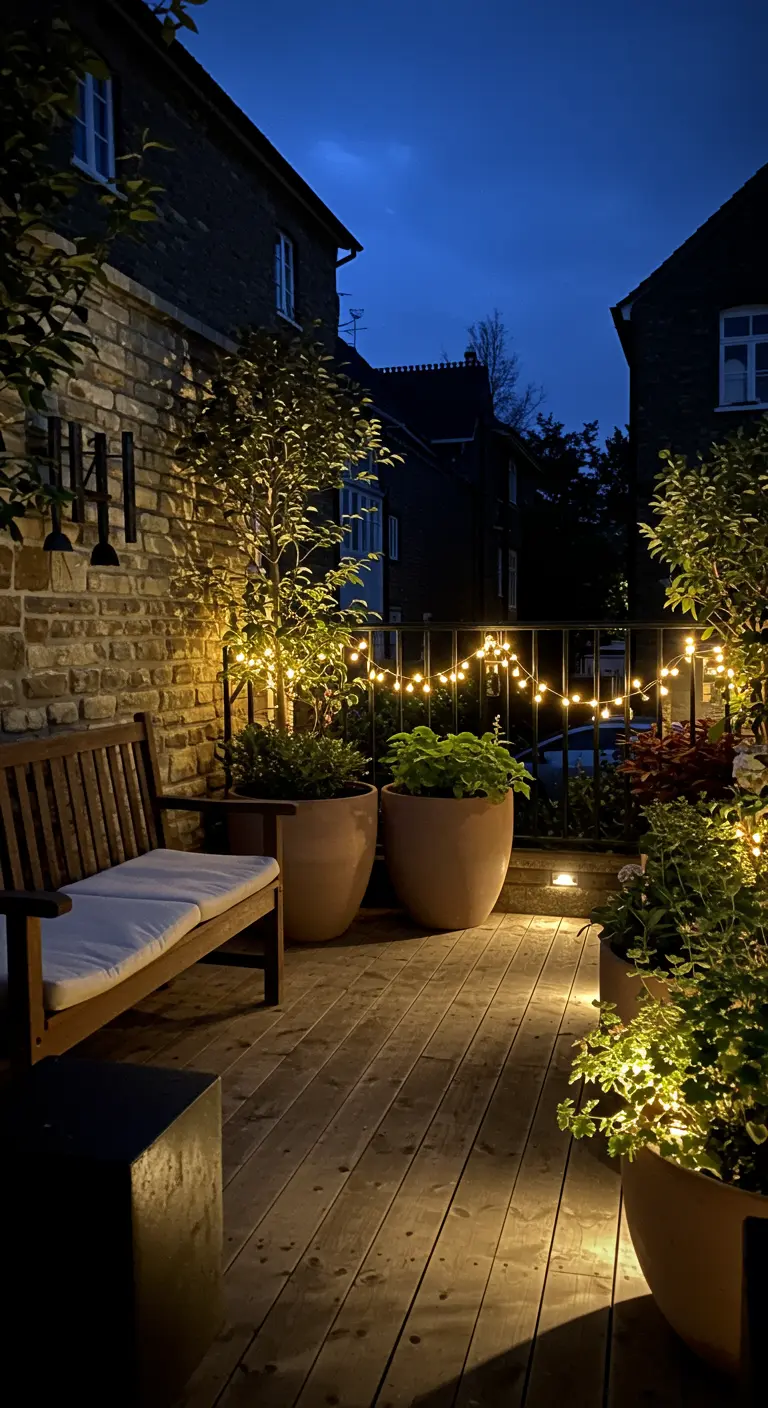 A cozy wooden deck at night, illuminated by multiple strings of warm globe lights.