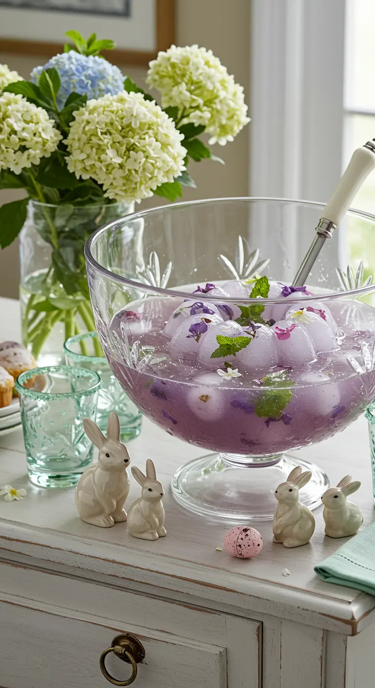 A glass punch bowl filled with lavender punch and large floral ice spheres.