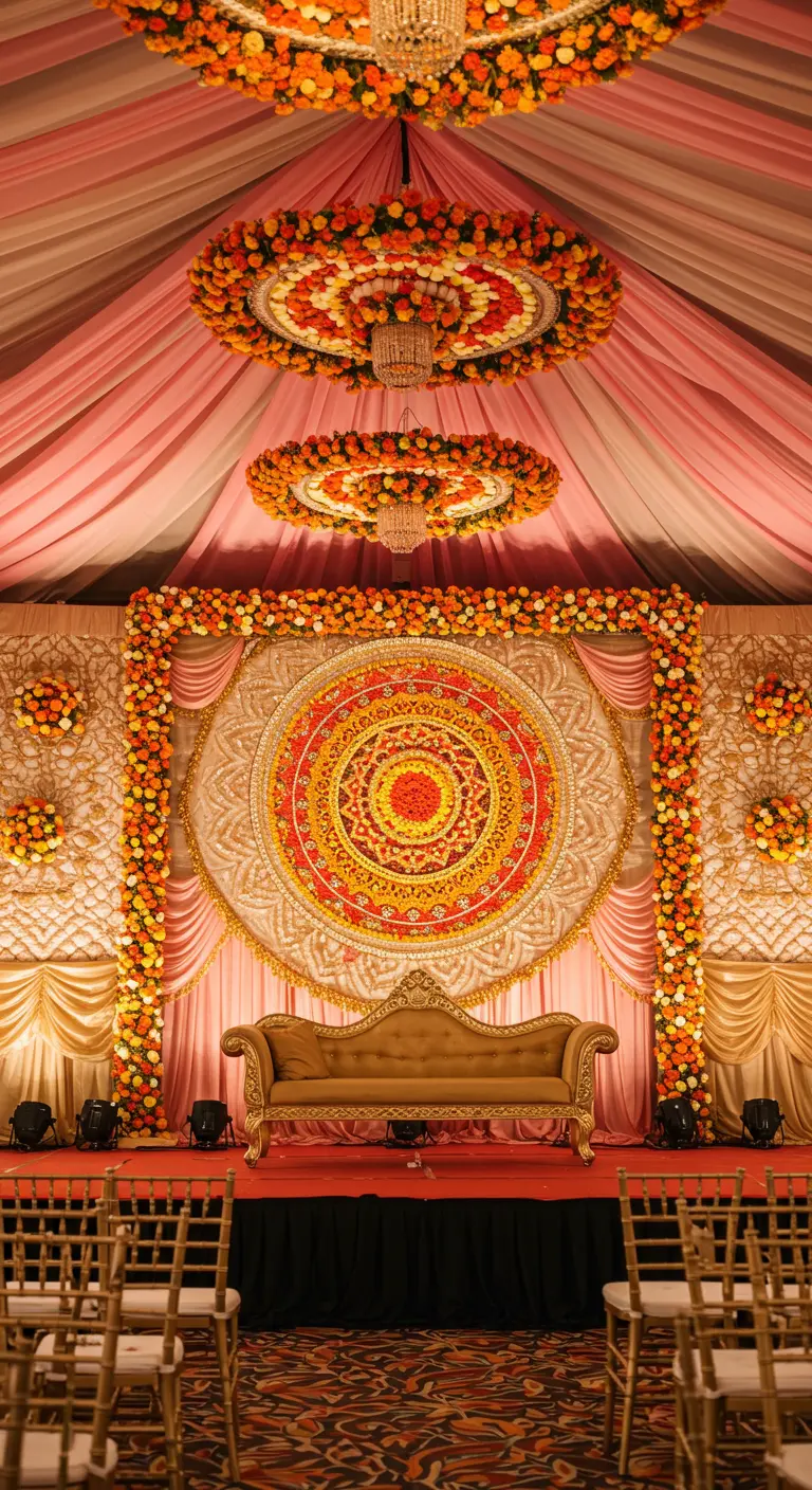 An opulent Indian wedding stage with a large floral mandala and dramatic peach and gold draping.