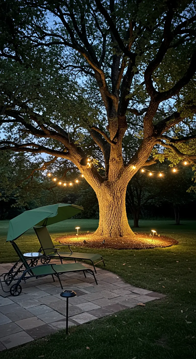 Two green sunbeds on a patio at the base of a large, dramatically uplit tree.