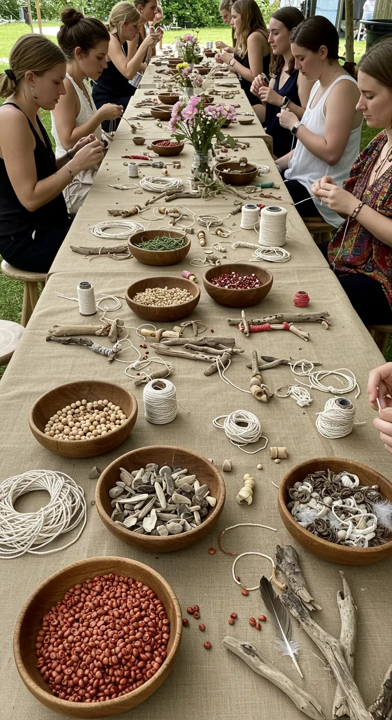 A long table set up with bowls of beads, twine, and driftwood for a DIY jewelry-making activity.