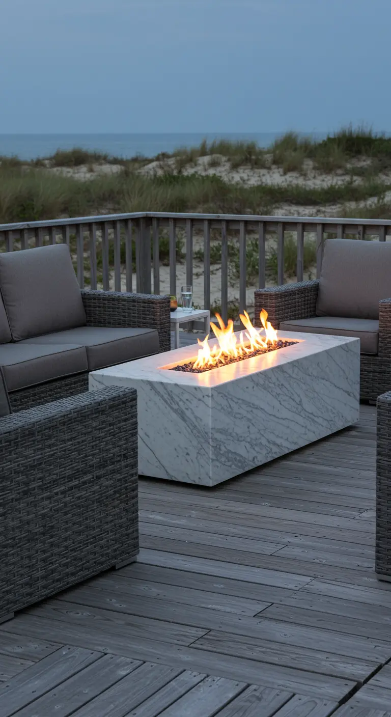 A deck with gray wicker seating around a rectangular white marble fire pit table.