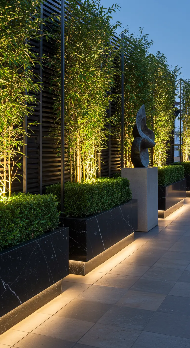Sleek terrace with black marble planters, uplighting, and a modern sculpture at night