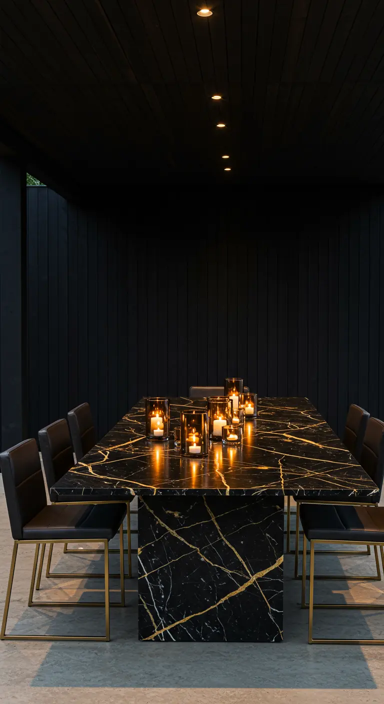A black marble dining table with gold veins, set with candles in a dark, modern outdoor room.
