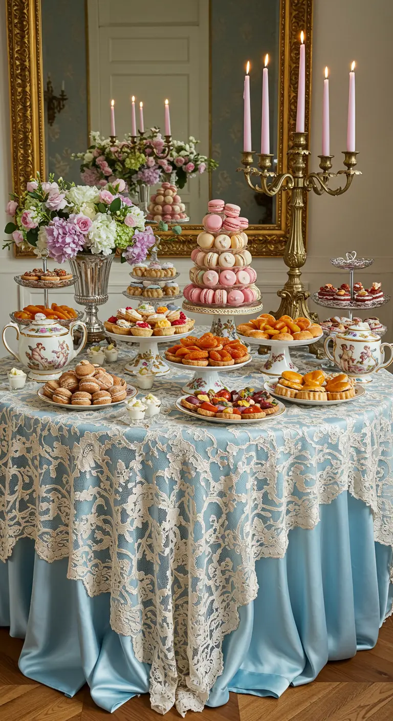 Elaborate dessert table with macaron towers, cakes, and a blue lace tablecloth.