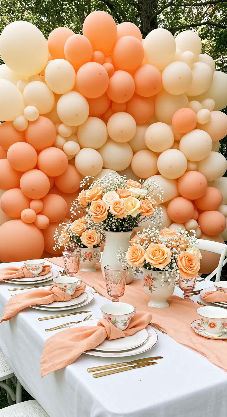 Peach-themed tea party table with a matching balloon wall backdrop.