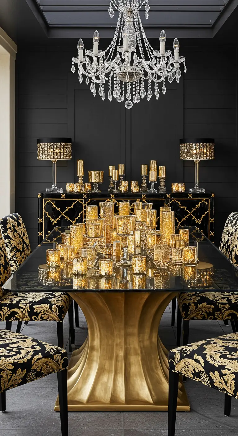 An opulent dining room with a gold table, patterned chairs, and a massive collection of gold votives.