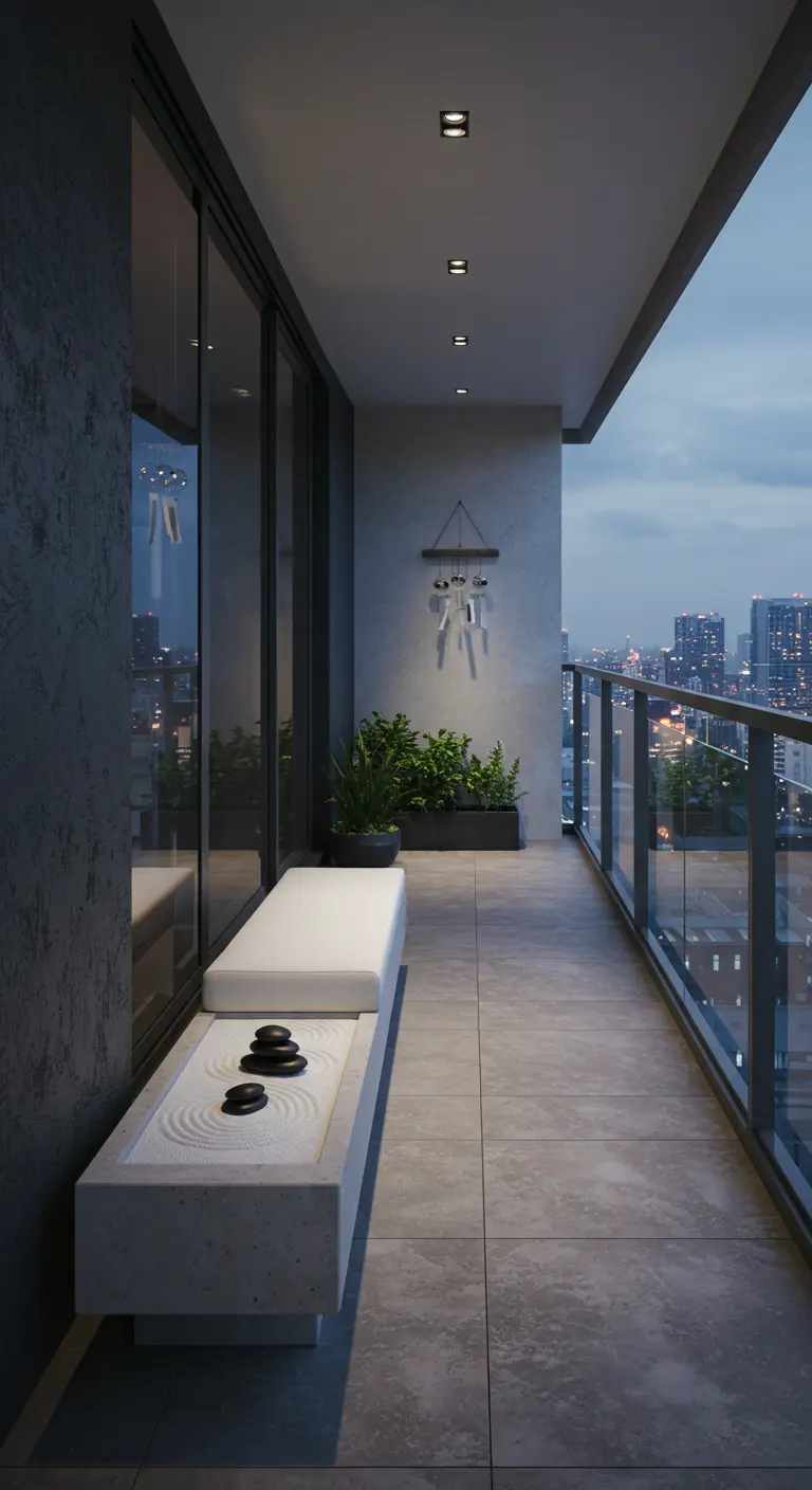 A minimalist balcony with a concrete bench featuring a small integrated zen garden.