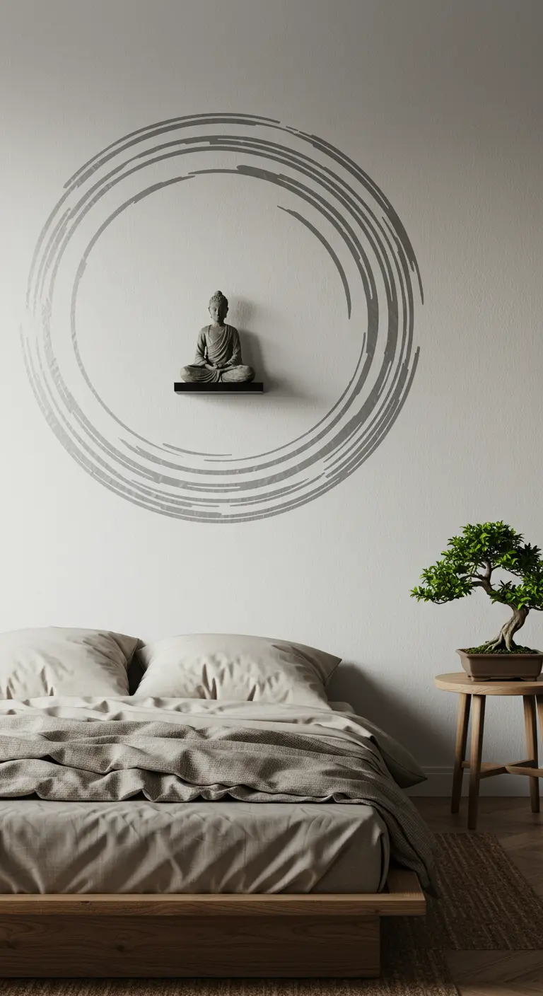 A Buddha statue on a shelf, centered within a large Zen circle made of gray tape on the wall.