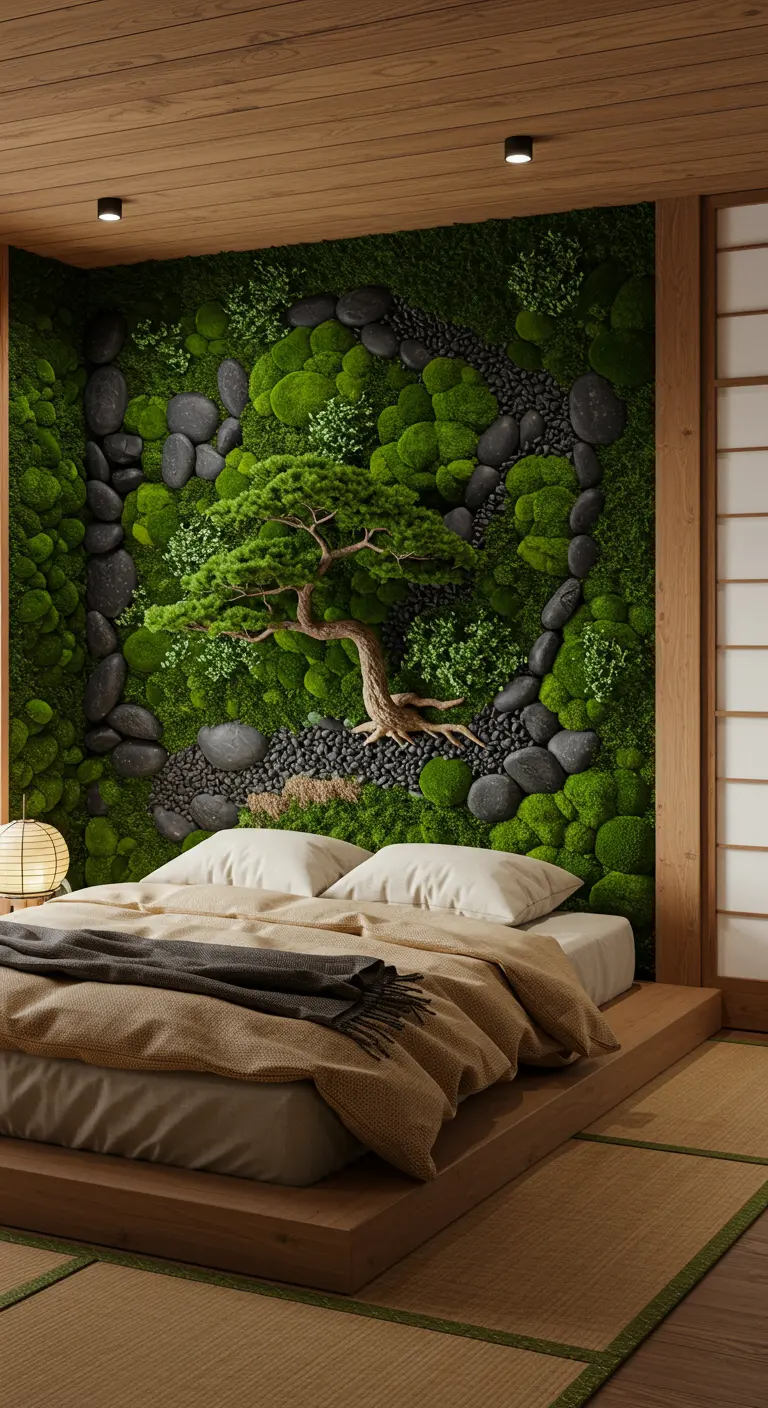 A Japanese-inspired bedroom with a moss wall featuring a bonsai tree and a stone path.