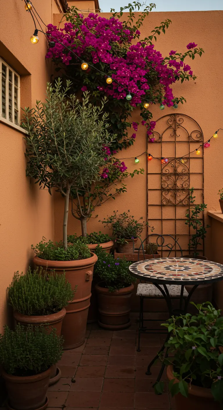 A warm, terracotta-colored balcony with a mosaic table, olive tree, and climbing bougainvillea.