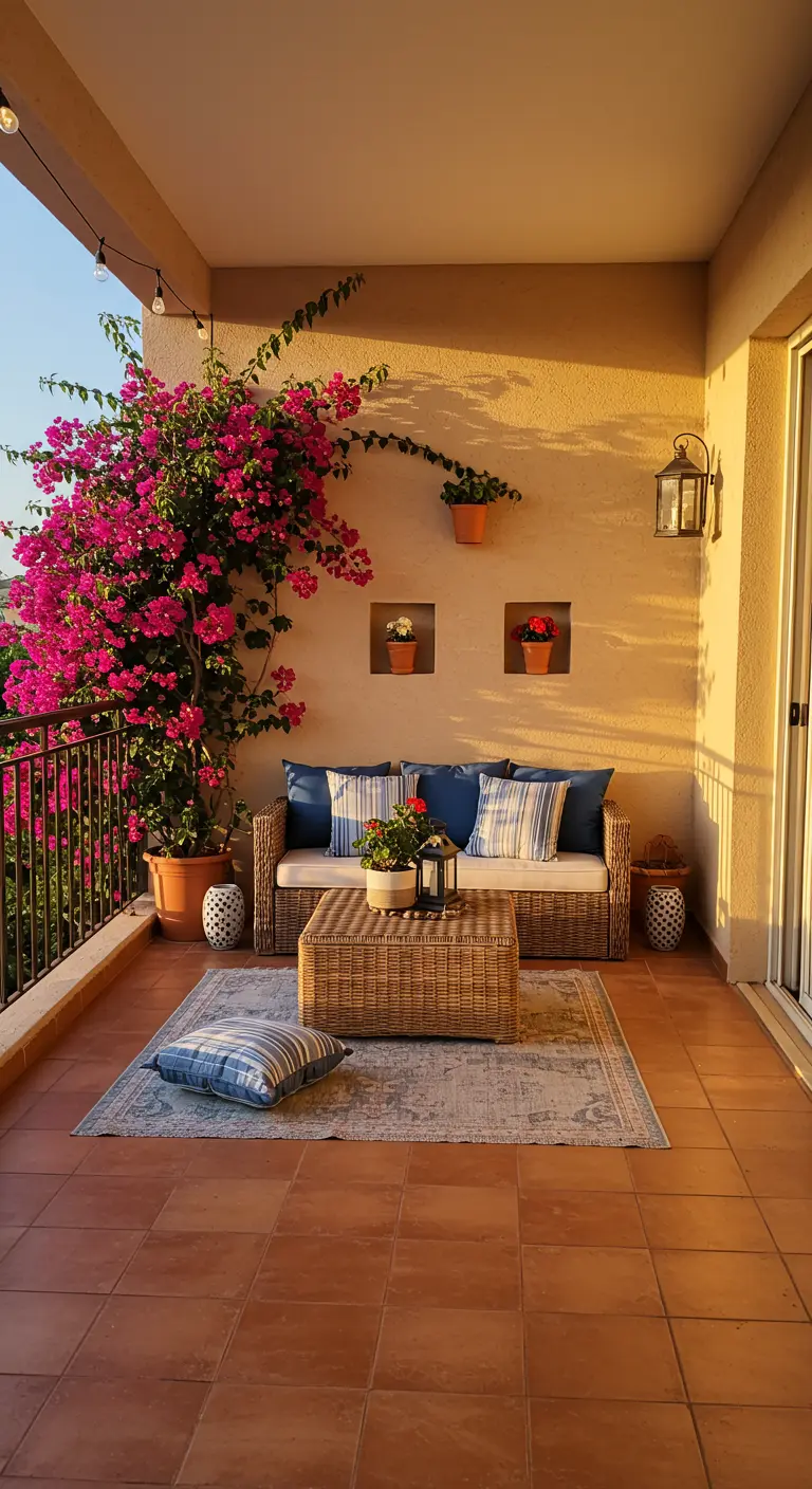 A sunny Mediterranean-style balcony with vibrant bougainvillea, a wicker sofa, and terracotta tiles.