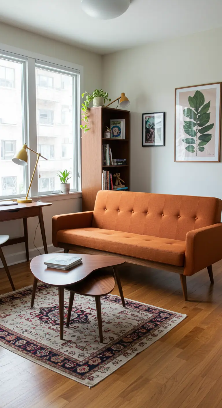 A mid-century modern living room with an orange sofa and a kidney-bean-shaped nesting table.