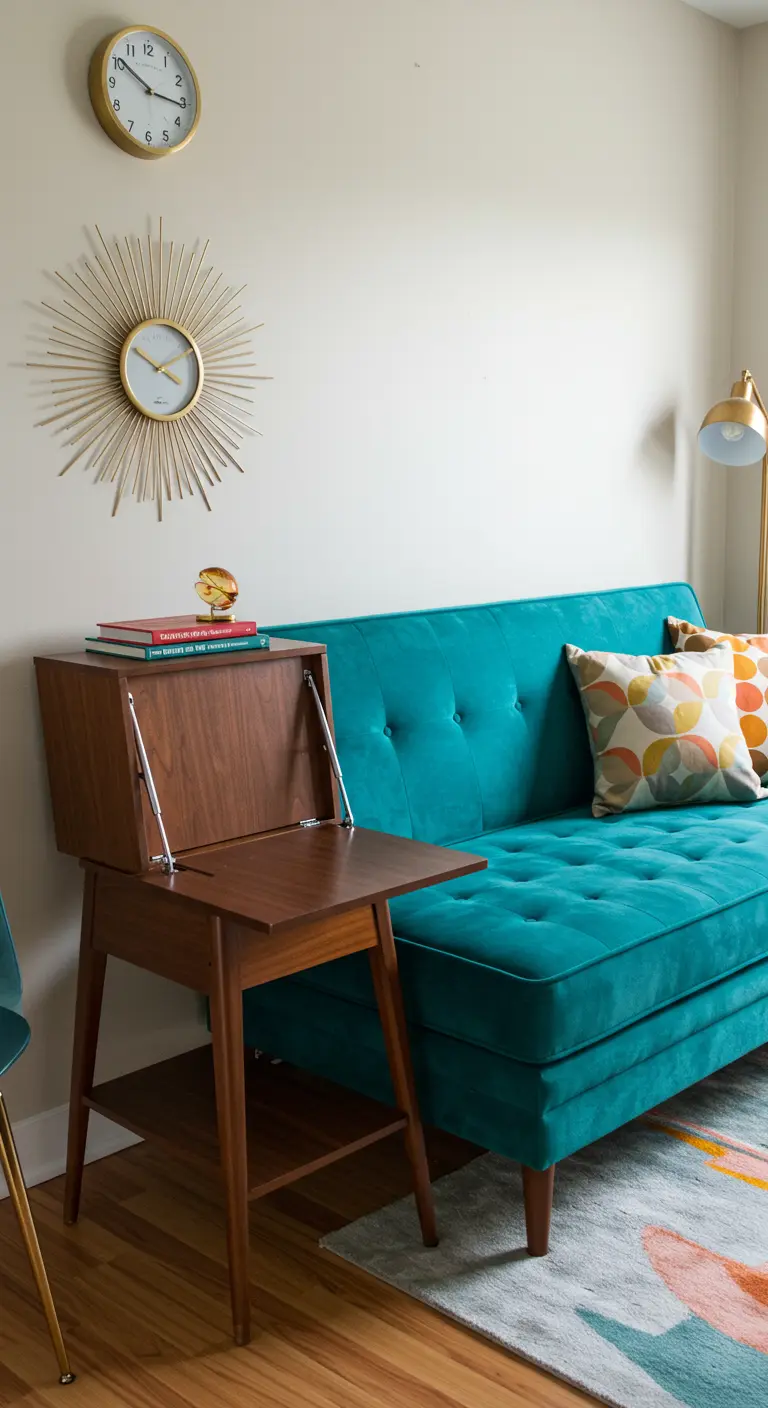 A mid-century modern wooden secretary desk open next to a teal tufted sofa.