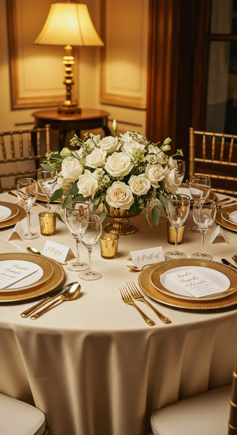 Elegant round table with a cream tablecloth, all-white roses, and gold chargers and cutlery.