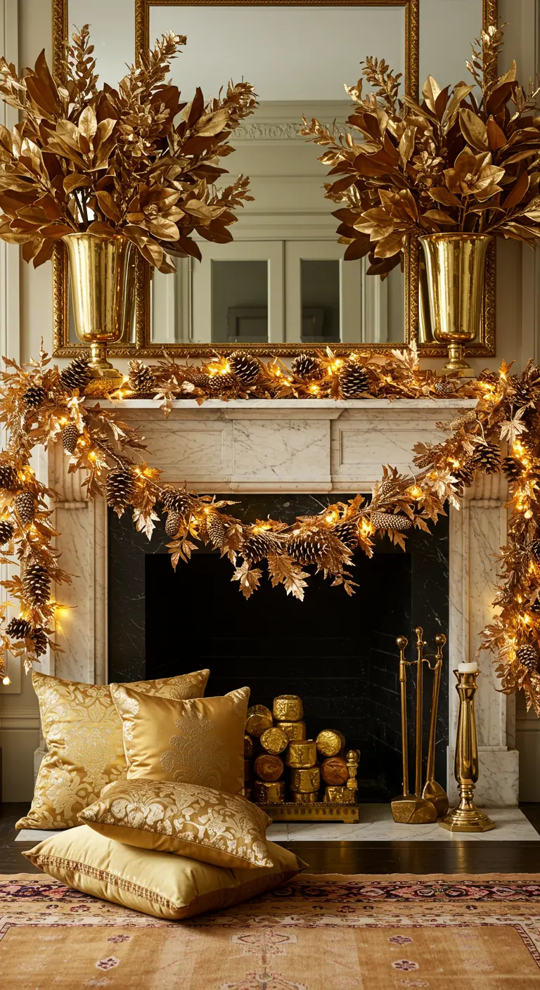 An all-gold Christmas mantel with a gilded leaf garland, gold urns, and pillows.