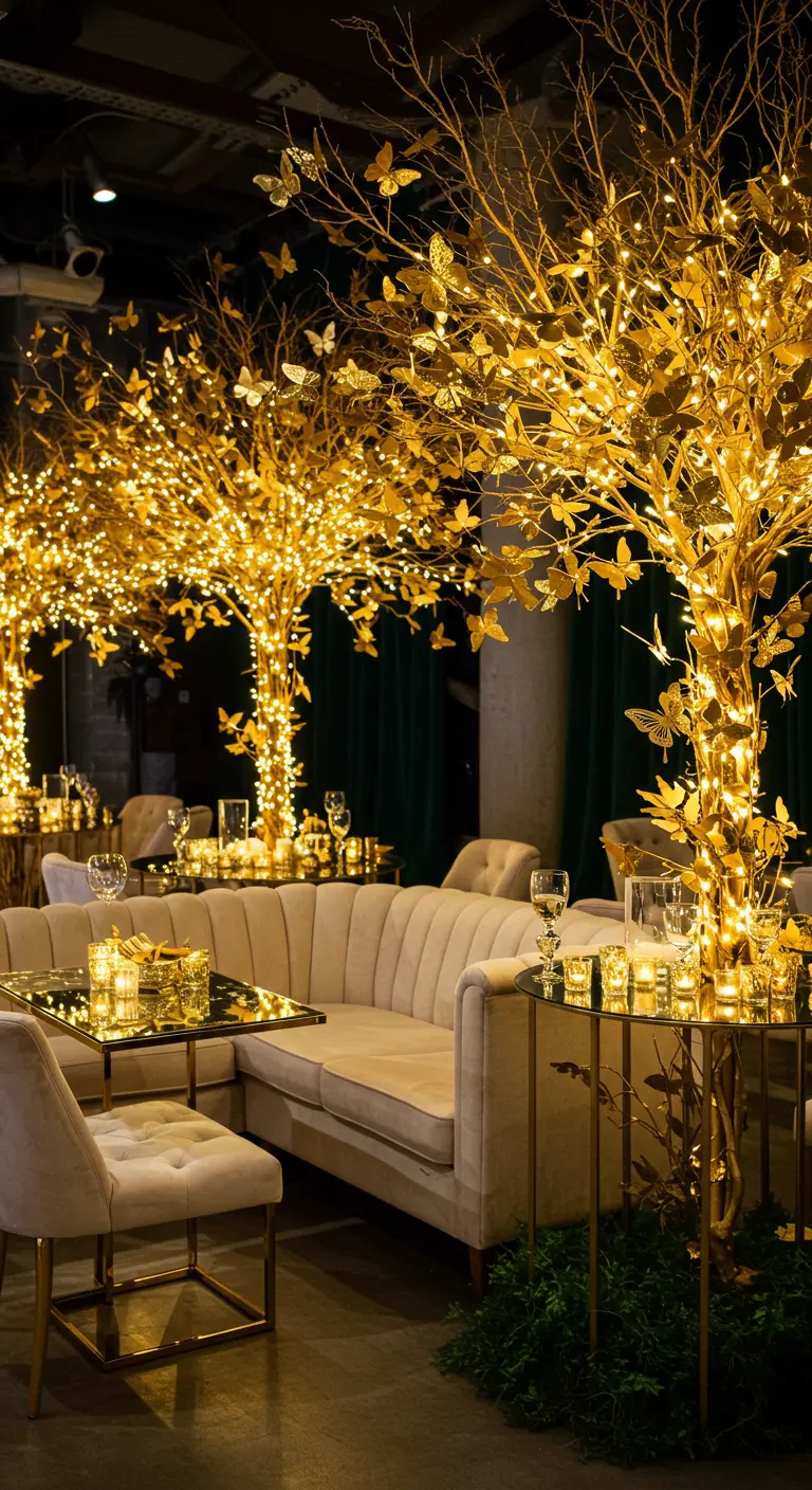 A glamorous lounge with glowing gold trees, gold butterflies, and velvet sofas.