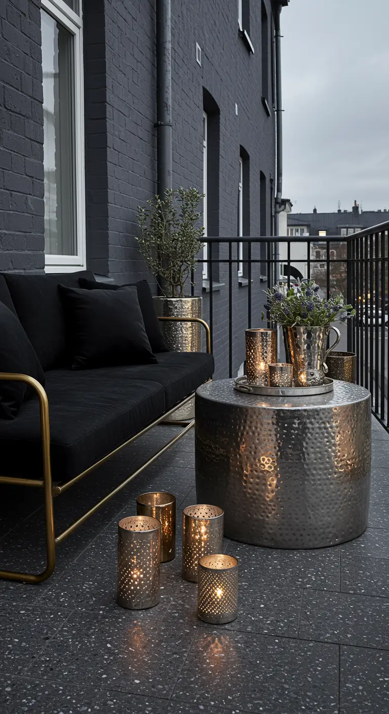 A dark balcony with a black sofa, hammered metal coffee table, and matching metallic candle holders.