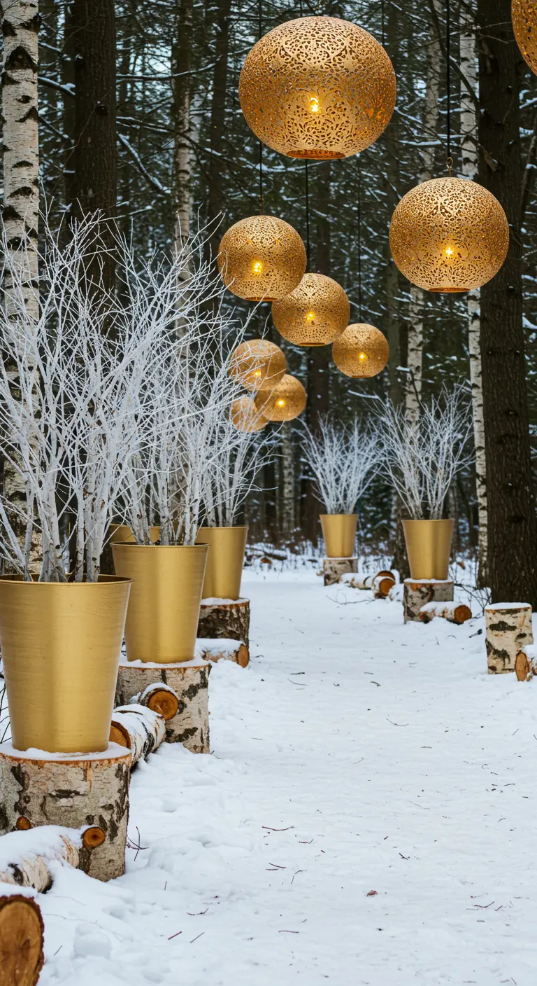 A snowy path lined with gold pots holding white branches, with gold orb lights hanging above.
