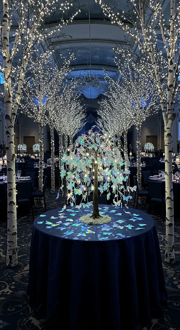 A luminous butterfly tree centerpiece on a round table surrounded by lit birch trees.