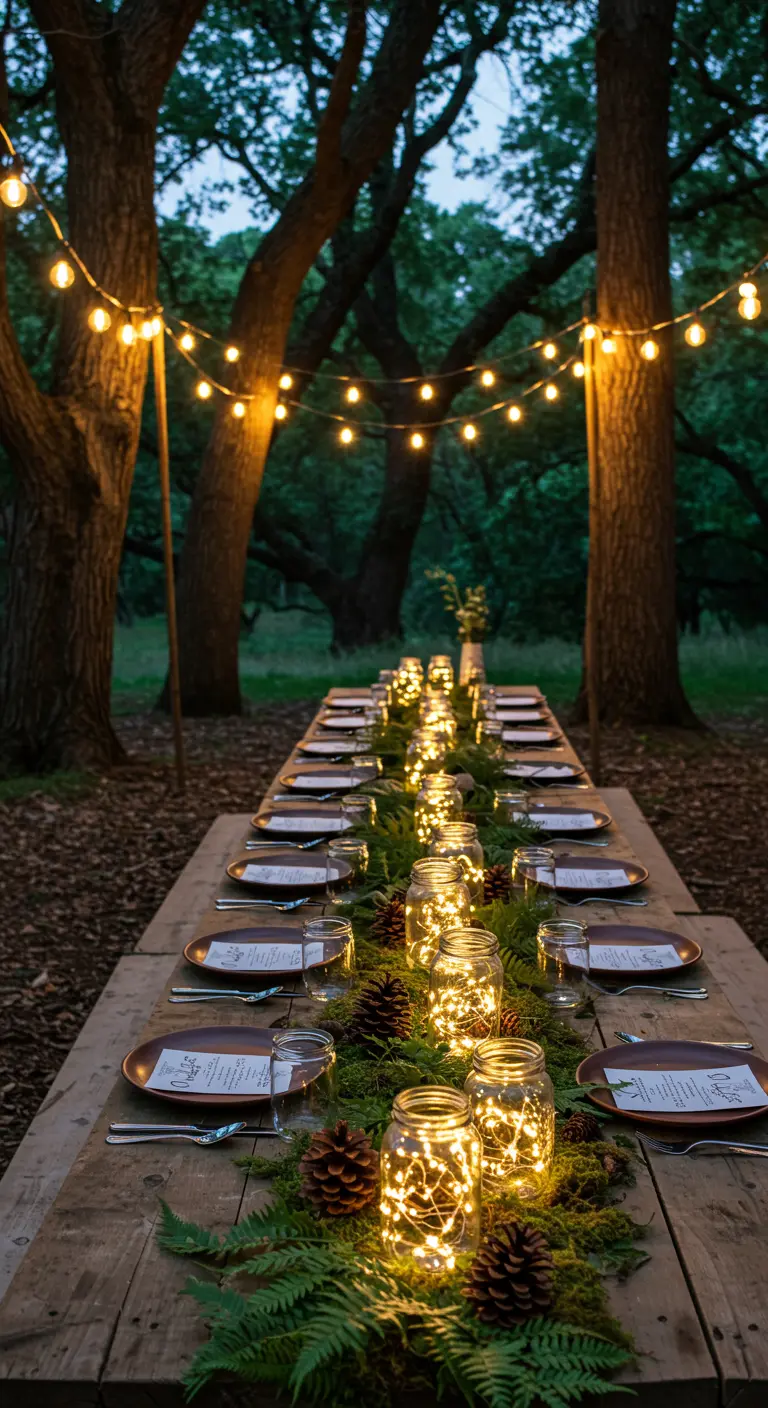 Long rustic table in a forest with a moss runner and glowing mason jars.