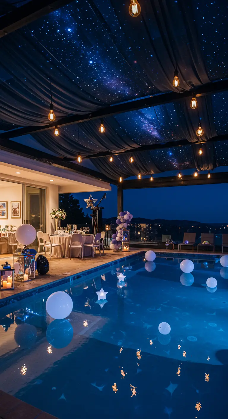 A poolside party at night with a starry projection on the ceiling, glowing orbs in the pool.