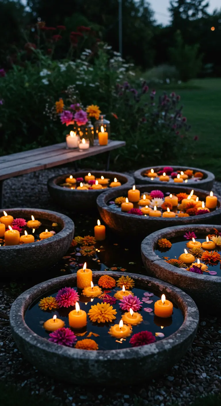 Several dark stone bowls filled with water, floating candles, and colorful flowers, lit up at night.
