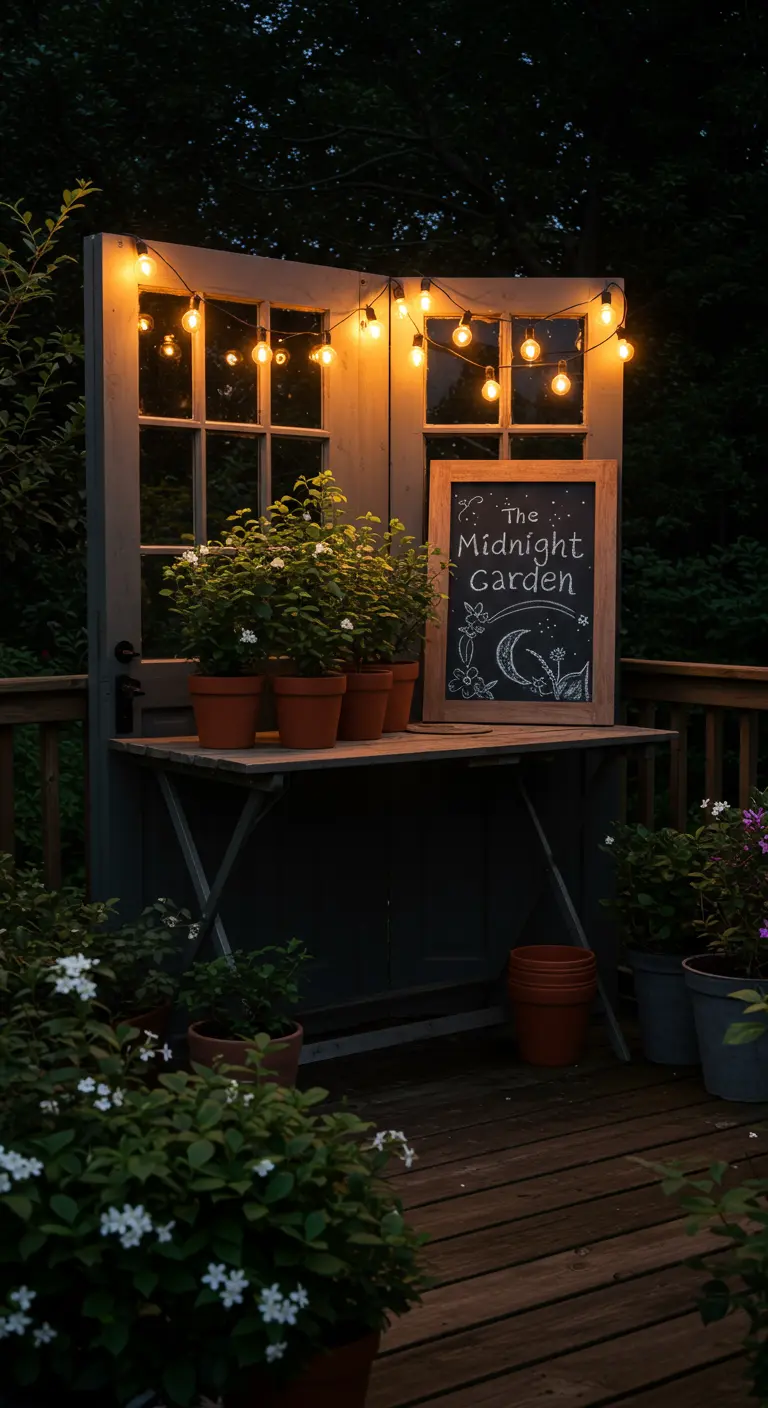 A dark potting station on a deck at night, lit by string lights, creating a magical atmosphere.