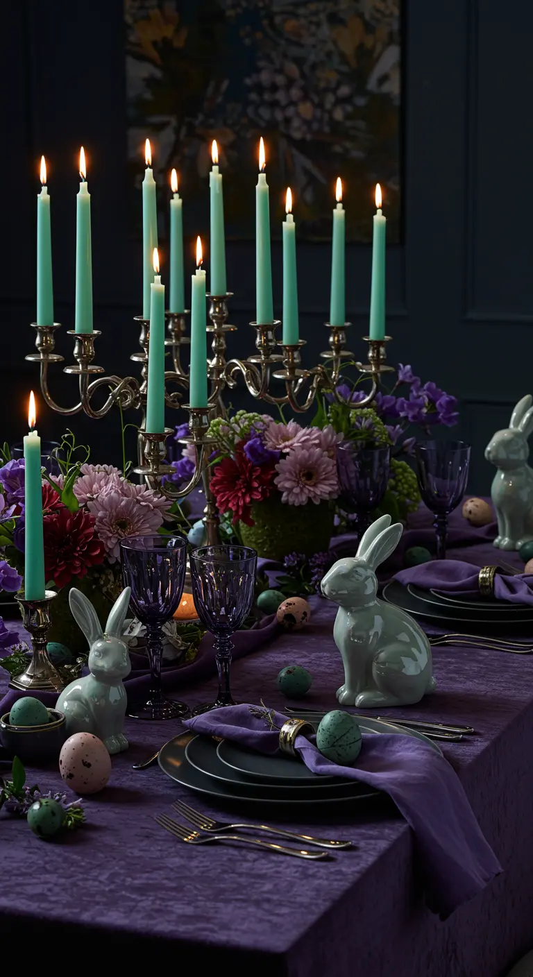A dramatic Easter table with a dark purple cloth and mint candles.