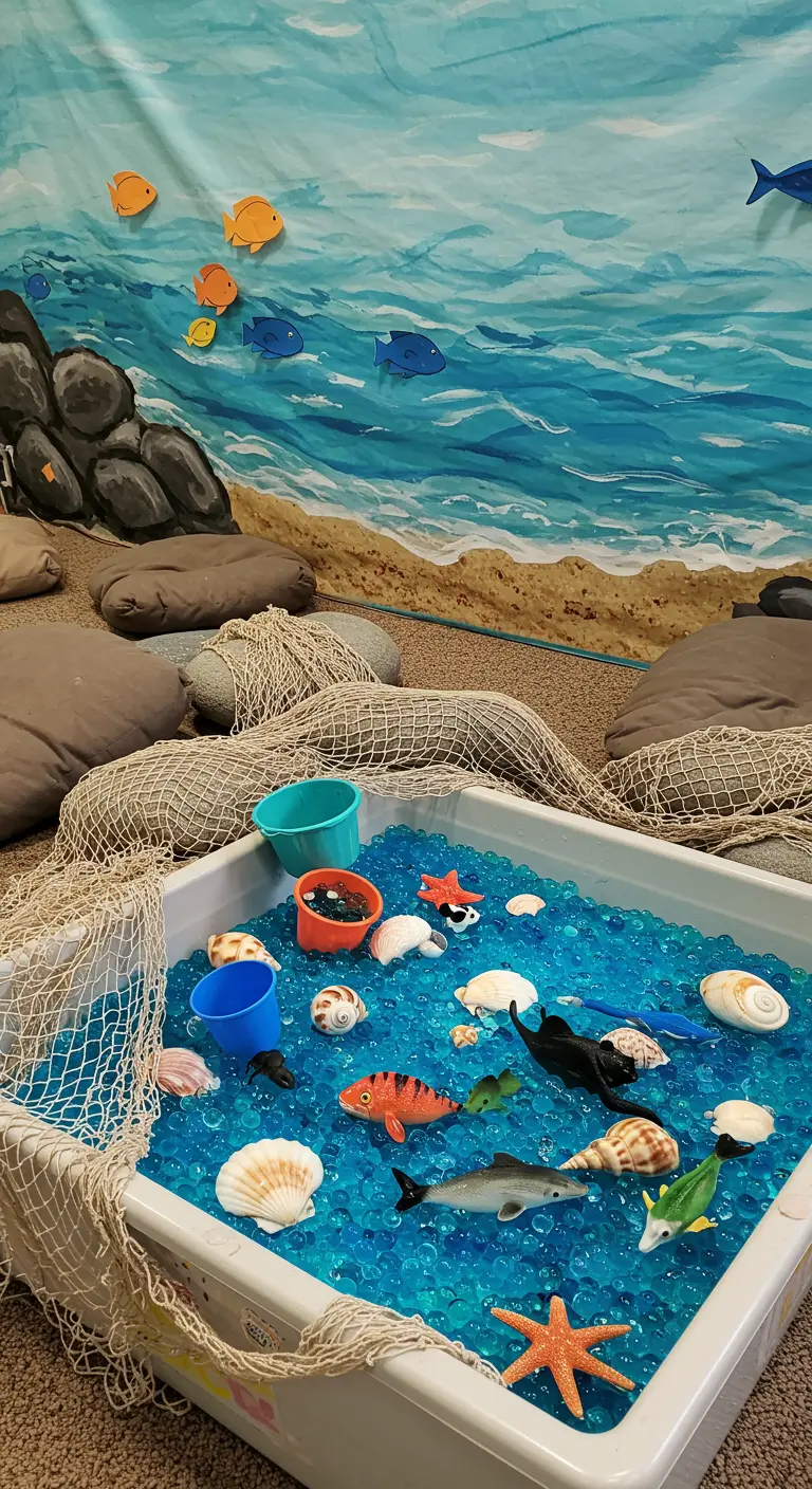 A children's sensory bin filled with blue water beads, toy sea creatures, and seashells.