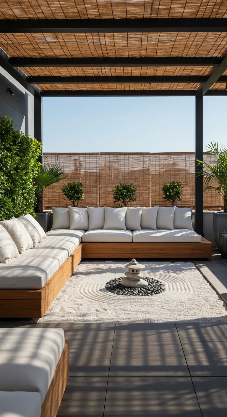 A rooftop terrace with a miniature zen sand garden, a stone pagoda, and low wooden seating.