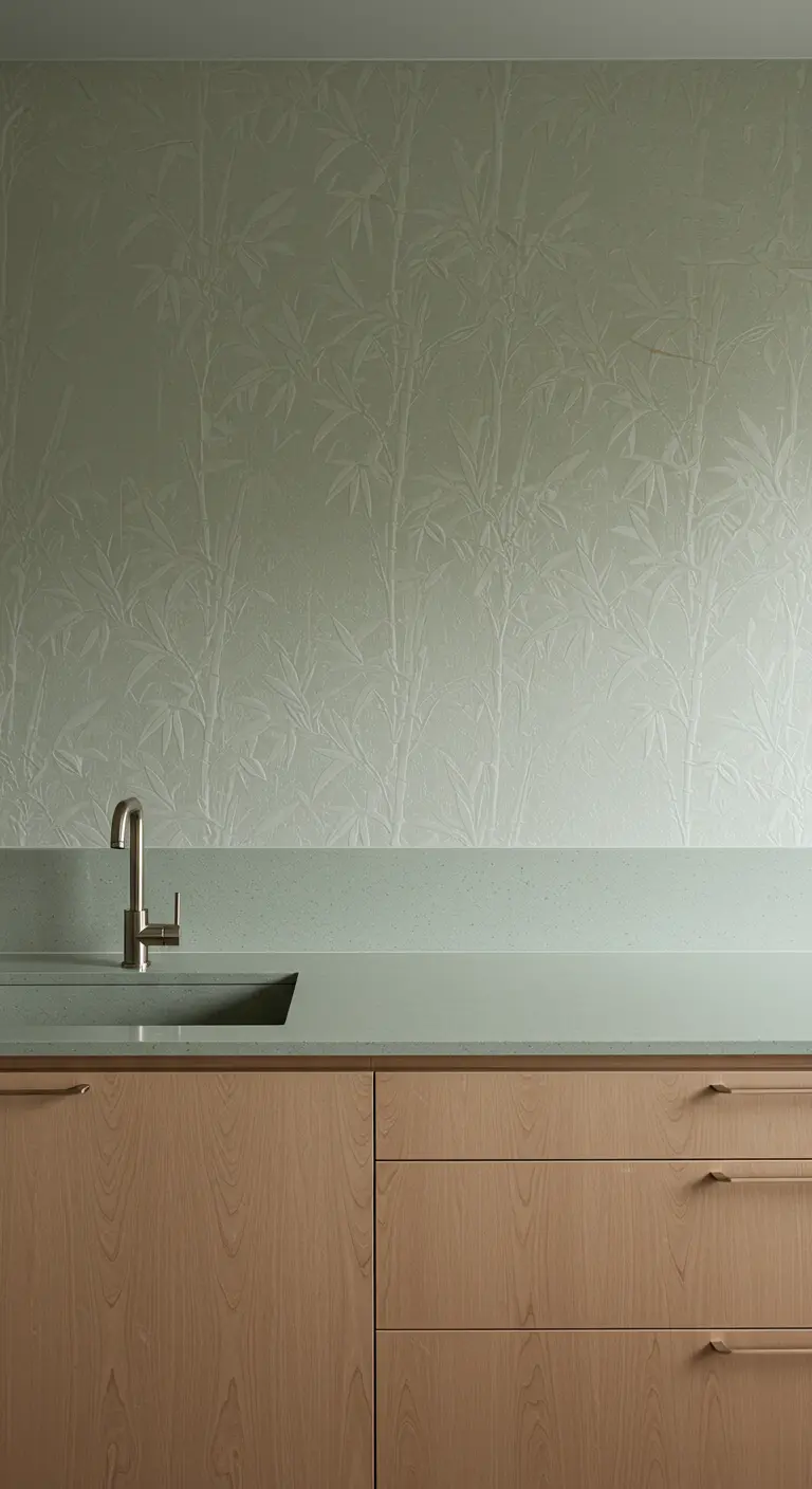 A minimalist kitchen with textured bamboo wallpaper and light oak cabinets.
