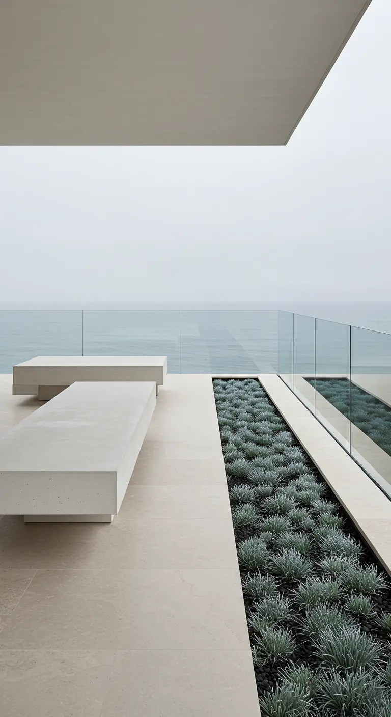 Minimalist white concrete benches on a coastal terrace with a long planter of uniform blue grass.